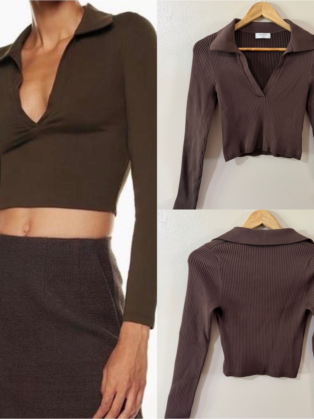 Aritzia Babaton Sculpt Knit Polo Longsleeve Ribbed, Chocolate Brown, Md